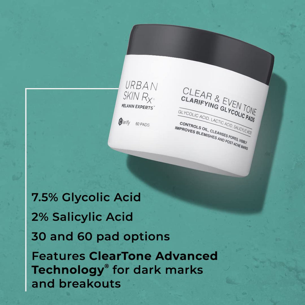 URBAN SKIN RX CLEAR AND EVEN TONE CLARIFYING GLYCOLIC PADS.