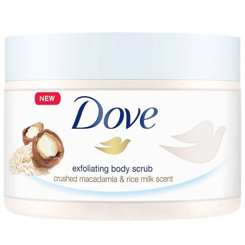 DOVE CRUSHED MACADEMIA & RICE MILK EXFOLIATING BODY SCRUB UK Version